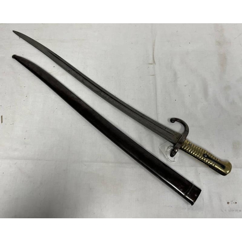 1288 - FRENCH 1866 CHASSEPOT YATAGHAN SWORD BAYONET STAMPED A & A5 ON BLADE RICASSO, CROSSGUARD & SCABBARD ... 