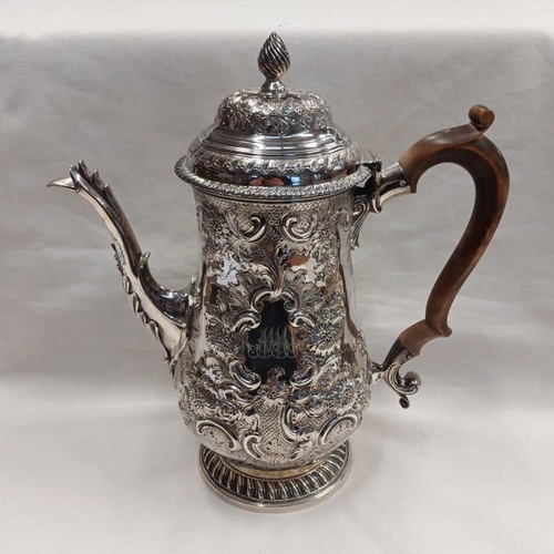 14 - GEORGE III SILVER COFFEE POT WITH EMBOSSED DECORATION BY I.D. LONDON 1772 - 25 CM TALL, 775 G