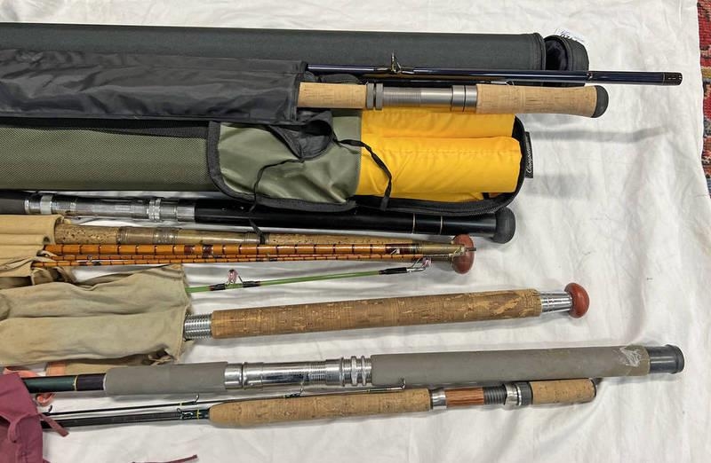 SELECTION OF VARIOUS FISHING RODS, ETC TO INCLUDE SHAKESPEAR ROYALTY ...