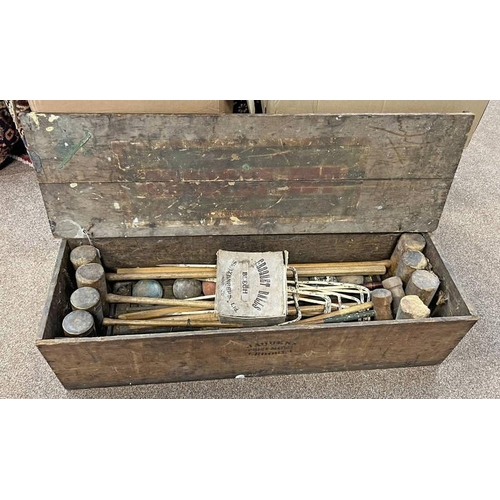 1542 - JACQUES CROQUET WOODEN CASE WITH CONTENTS OF VARIOUS BALLS, MALLETS ETC