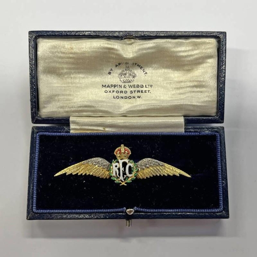155 - 15CT GOLD ENAMEL DIAMOND SET ROYAL FLYING CORPS SWEET HEART BROOCH WITH NATURAL TEXTURED DECORATION ... 