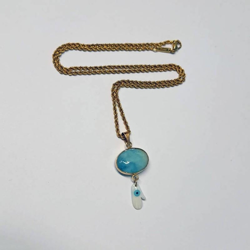 157 - 18K GOLD LARIMAR SET PENDANT ON AN 18CT GOLD CHOPARD ROPE TWIST CHAIN NECKLACE - CHAIN 11.2G