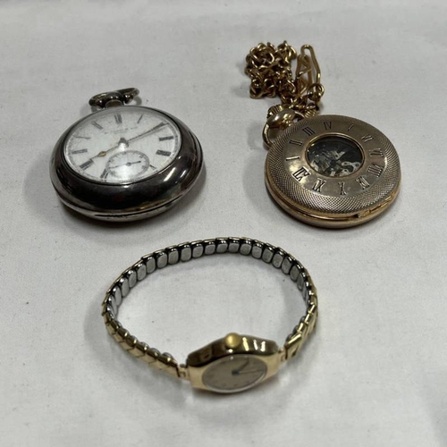 216 - SILVER DOUBLE CASED POCKETWATCH RETAILED BY WILSON & SON KEITH, 9CT GOLD LADIES WRISTWATCH & 1 OTHER... 