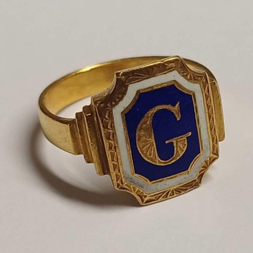 235 - 22CT CHINESE GOLD & ENAMEL SIGNET RING - 5.4 G, RING SIZE J