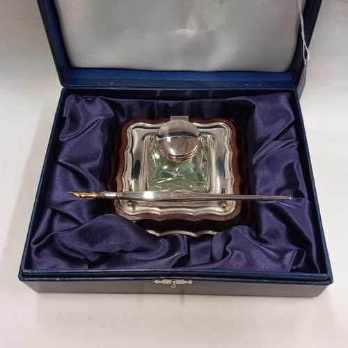 255 - SILVER INKWELL & QUILL SET IN FITTED CASE BY CARRS, SHEFFIELD 1993