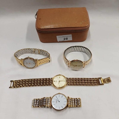 28 - JEWELLERY BOX & CONTENTS OF 4 GENTS WRISTWATCHES BY LONGINES, ELDOR SEIKO & RAYMOND WEIL