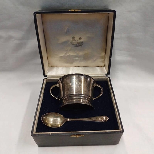 3 - INDIAN SILVER 2 - HANDLED CUP & SPOON SET BY HAMILTON & CO, CALCUTTA CIRCA 1945 IN FITTED CASE - 145... 