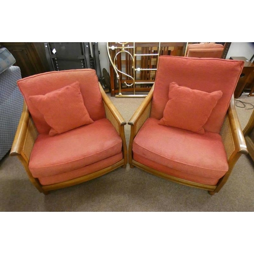 5007 - PAIR OF ERCOL OAK FRAMED ARMCHAIRS WITH BERGERE PANEL BACKS & SIDE