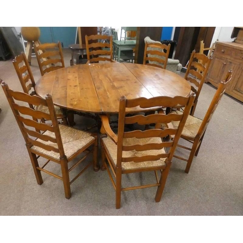 5031 - 19TH CENTURY YEW WOOD GATE LEG DINING TABLE ON TURNED SUPPORTS & SET OF 8 YEW WOOD LADDER BACK CHAIR... 