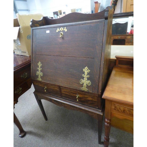 5049 - 19TH CENTURY OAK BUREAU WITH 3/4 GALLERY TOP OVER FALL FRONT & 2 DRAWERS ON SQUARE TAPERED SUPPORTS.... 