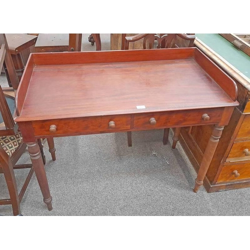5072 - 19TH CENTURY MAHOGANY WASHSTAND WITH 3/4 GALLERY TOP & 2 DRAWERS ON TURNED SUPPORTS, 102CM WIDE