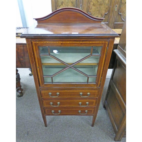 5088 - LATE 19TH CENTURY INLAID MAHOGANY CABINET WITH ASTRAGAL GLASS PANEL DOOR OVER 3 DRAWERS ON SQUARE SU... 