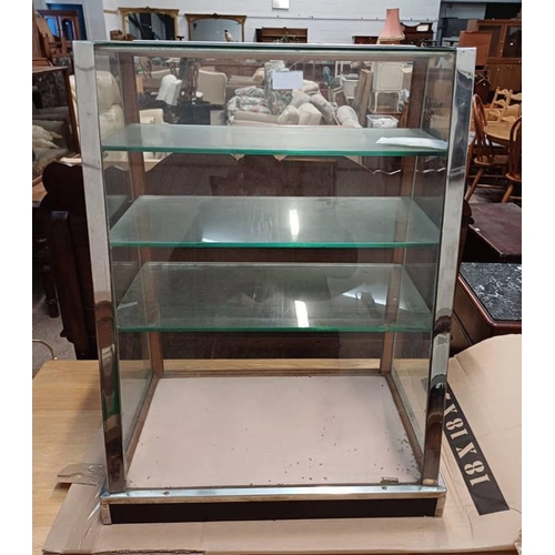 5092 - 20TH CENTURY CHROME FRAMED SHOP DISPLAY CASE WITH GLASS SHELVED INTERIOR, 67CM TALL X 50CM WIDE