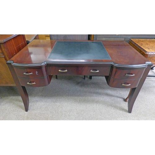5097 - 21ST CENTURY MAHOGANY DESK OF 5 DRAWERS WITH LEATHER INSET TOP ON SQUARE SUPPORTS MARKED HURTADO, VA... 