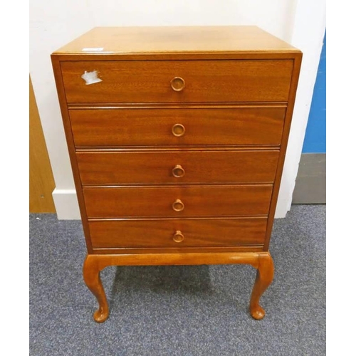 5112 - MAHOGANY MUSIC CHEST OF 5 DRAWERS ON QUEEN ANNE SUPPORTS, LENGTH 47CM X HEIGHT 76CM