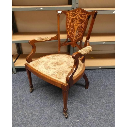 5115 - LATE 19TH CENTURY MAHOGANY OPEN ARMCHAIR WITH DECORATIVE BOXWOOD INLAY ON SQUARE TAPERED SUPPORTS