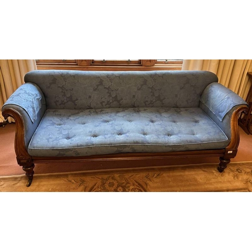 5131 - 19TH CENTURY ROSEWOOD FRAMED SCROLL END SETTEE WITH TURNED SUPPORTS.  217 CM WIDE