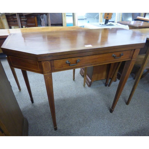 5132 - LATE 19TH CENTURY INLAID MAHOGANY TEA TABLE WITH FLIP TOP ON SQUARE TAPERED SUPPORTS.  100 CM WIDE