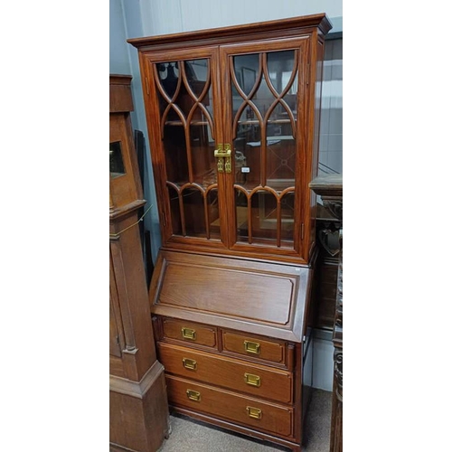 5134 - ORIENTAL HARDWOOD BUREAU BOOKCASE WITH 2 ASTRAGAL GLASS PANEL DOORS OVER BASE WITH FALL FRONT OVER 2... 