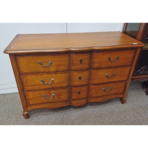 5140 - HARDWOOD CHEST OF 3 DRAWERS WITH SHAPED FRONT ON SHORT CABRIOLE SUPPORTS.  80 CM TALL X 125 CM WIDE