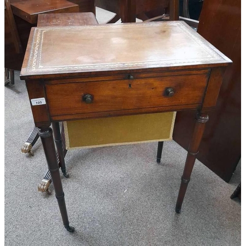 5141 - 19TH CENTURY MAHOGANY SEWING TABLE WITH LEATHER INSET TOP, WRITING SLIDE & SINGLE DRAWER TO RIGHT ON... 