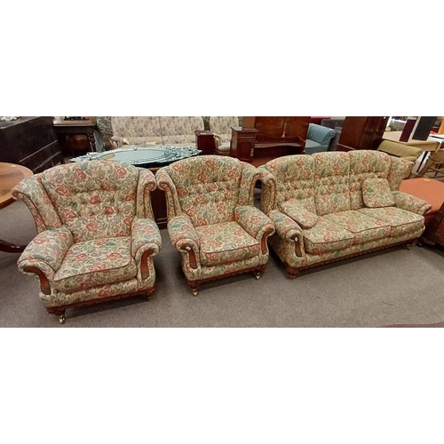 5146 - 19TH CENTURY STYLE MAHOGANY FRAMED BUTTONED WINGBACK 3 PIECE LIVING ROOM SUITE