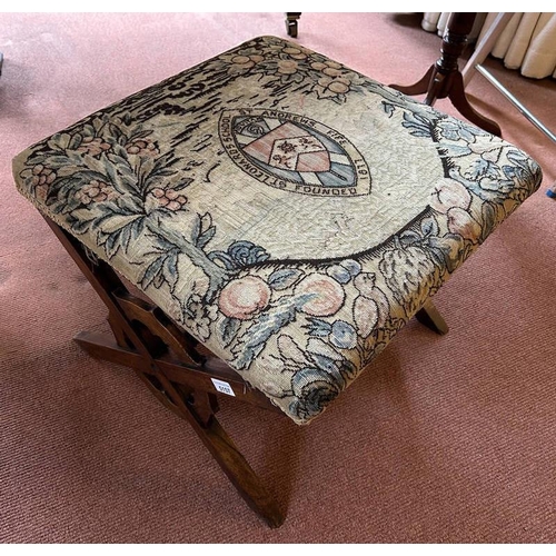 5157 - 19TH CENTURY TAPESTRY TOPPED ROSEWOOD X - FRAMED STOOL.  43 CM TALL