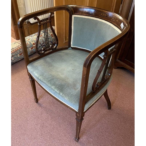 5160 - LATE 19TH CENTURY INLAID MAHOGANY TUB CHAIR WITH LIAR STYLE SIDES & SQUARE TAPERED SUPPORTS.  78 CM ... 