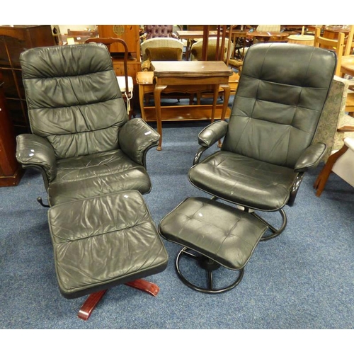 5161 - BLACK LEATHERETTE RECLINING SWIVEL ARMCHAIR WITH MATCHING STOOL & ONE OTHER CHAIR WITH STOOL
