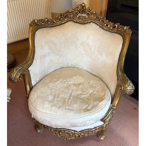 5167 - GILT FRAMED TUB CHAIR ON CABRIOLE SUPPORTS & DECORATIVE CARVING.  95 CM TALL