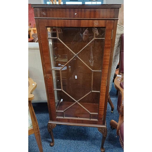 5185 - MAHOGANY DISPLAY CABINET WITH GLAZED PANEL SIDES & SINGLE ASTRAGAL GLASS PANEL DOOR ON QUEEN ANNE SU... 