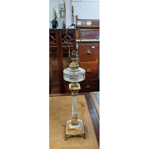 5188 - 20TH CENTURY BRASS & HARD STONE PARAFFIN LAMP CONVERTED TO TABLE LAMP