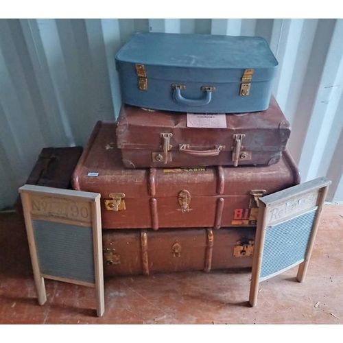 5251 - 2 WOOD BOUND CANVAS TRUNKS, 3 SUITCASES & 2 WASHBOARDS