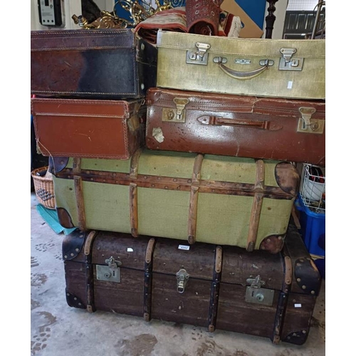 5253 - 2 WOOD BOUND CANVAS TRUNKS & 4 SUITCASES