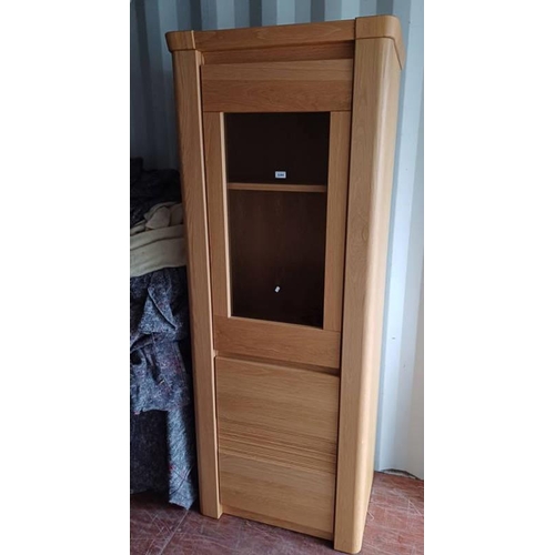 5284 - 21ST CENTURY OAK DISPLAY CABINET WITH GLAZED PANEL DOOR OVER 2 DRAWERS.  201 CM TALL X 80 CM WIDE