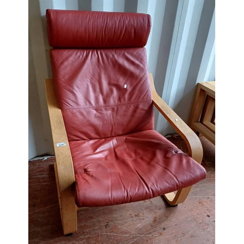 5287 - IKEA OAK FRAMED CANTILEVER ARMCHAIR WITH RED LEATHERETTE CUSHIONS