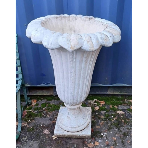 5294 - RECONSTITUTED STONE TULIP GARDEN URN ON PLINTH BASE.  APPROX 100 CM TALL