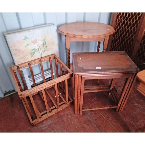 5436 - NEST OF 3 TABLES WITH DECORATIVE CARVING, PAIR OF PAINTED FOLDING TABLES WITH FLORAL DECORATION ETC.