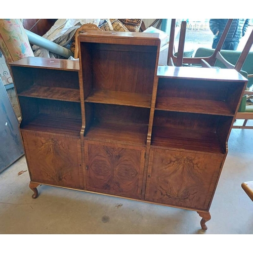 5438 - 20TH CENTURY WALNUT BOOKCASE WITH OPEN SHELVES OVER 3 PANEL DOORS ON SHORT QUEEN ANNE SUPPORTS, 117C... 