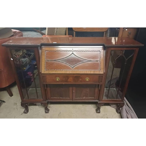 5440 - 20TH CENTURY MAHOGANY BUREAU WITH CENTRALLY SET FALL FRONT OVER DRAWER & 2 PANEL DOORS FLANKED TO EA... 