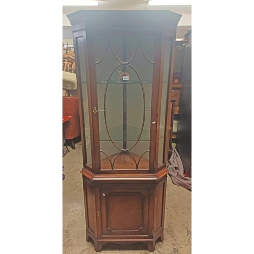 5443 - MAHOGANY CORNER CABINET WITH ASTRAGAL GLASS PANEL DOOR OVER PANEL DOOR.  187 CM TALL