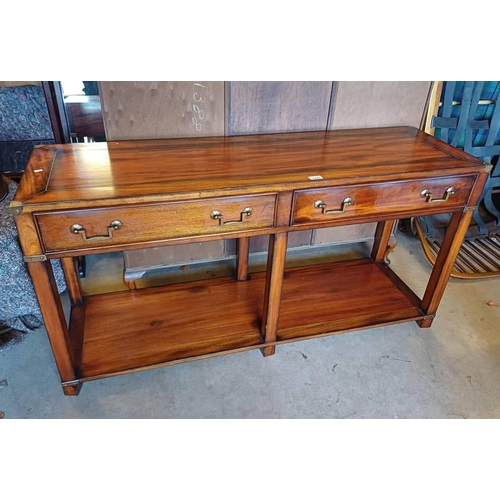 5447 - HARDWOOD HALL TABLE WITH 2 DRAWERS AND UNDERSHELF.  69 CM TALL X 137 CM LONG