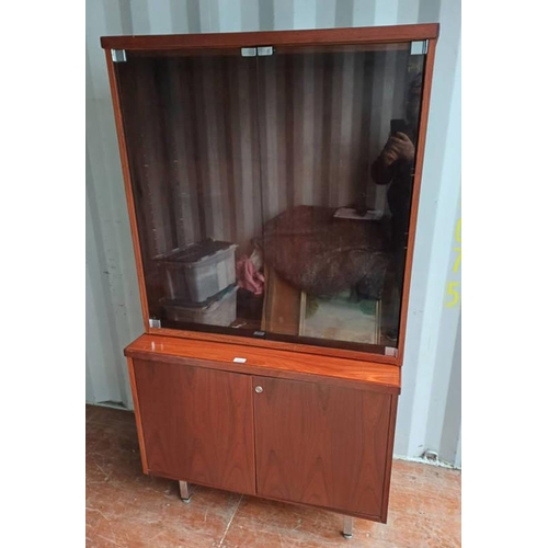 5449 - HARDWOOD CABINET WITH 2 GLAZED PANEL DOORS OVER BASE WITH 2 PANEL DOORS ON SQUARE CHROME SUPPORTS