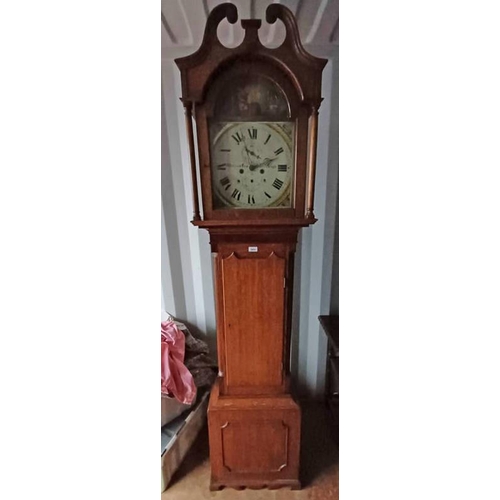 5450 - 19TH CENTURY OAK CASED GRANDFATHER CLOCK WITH PAINTED DIAL WITH CLASSICAL SCENE, DECORATION SIGNED '... 