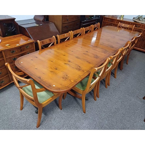 5452 - YEW WOOD TWIN PEDESTAL D-END DINING TABLE WITH 3 EXTRA LEAVES & SET OF 12 DINING CHAIRS INCLUDING 2 ... 