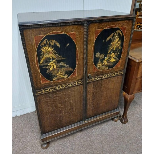 5502 - EARLY 20TH CENTURY OAK TALLBOY WITH ORIENTAL CHINOISERIE DECORATION ON TURNED SUPPORTS  115 CM TALL