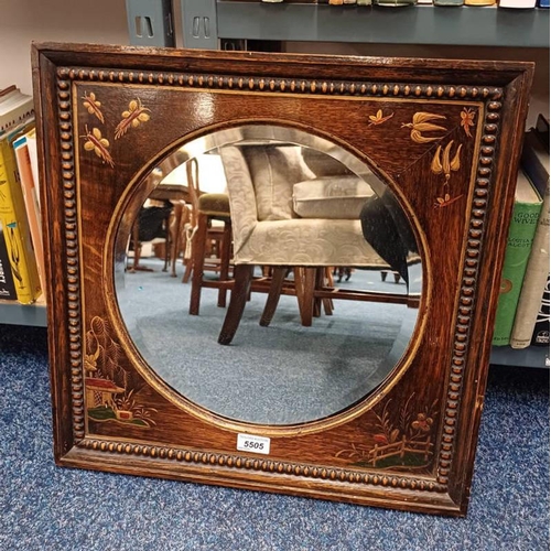 5505 - EARLY 20TH CENTURY OAK FRAMED MIRROR WITH CHINOISERIE DECORATION  48 CM X 48 CM