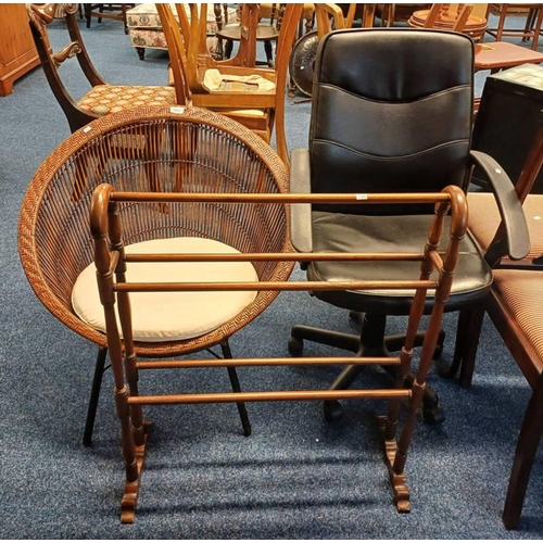 5507 - MAHOGANY TOWEL RAIL, WICKER CHAIR & SWIVEL OFFICE CHAIR