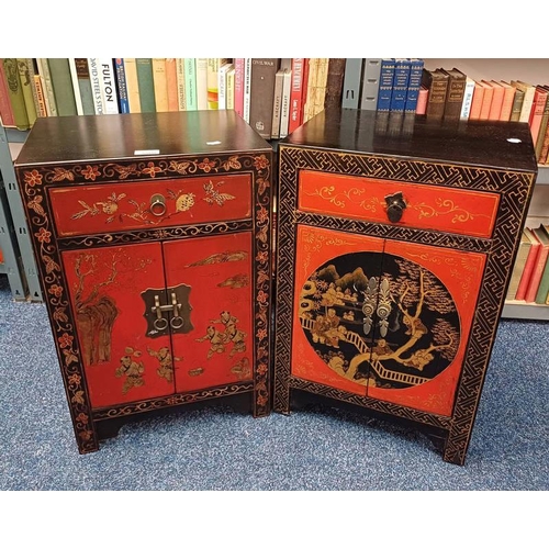 5508 - PAIR CHINESE STYLE BEDSIDE CABINETS WITH RED & GILT PANEL DOORS & DRAWER - 60 CM TALL