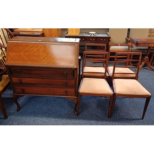 5512 - MAHOGANY BUREAU WITH FALL FRONT OVER 3 DRAWERS & A SET OF 4 TEAK LADDERBACK CHAIRS